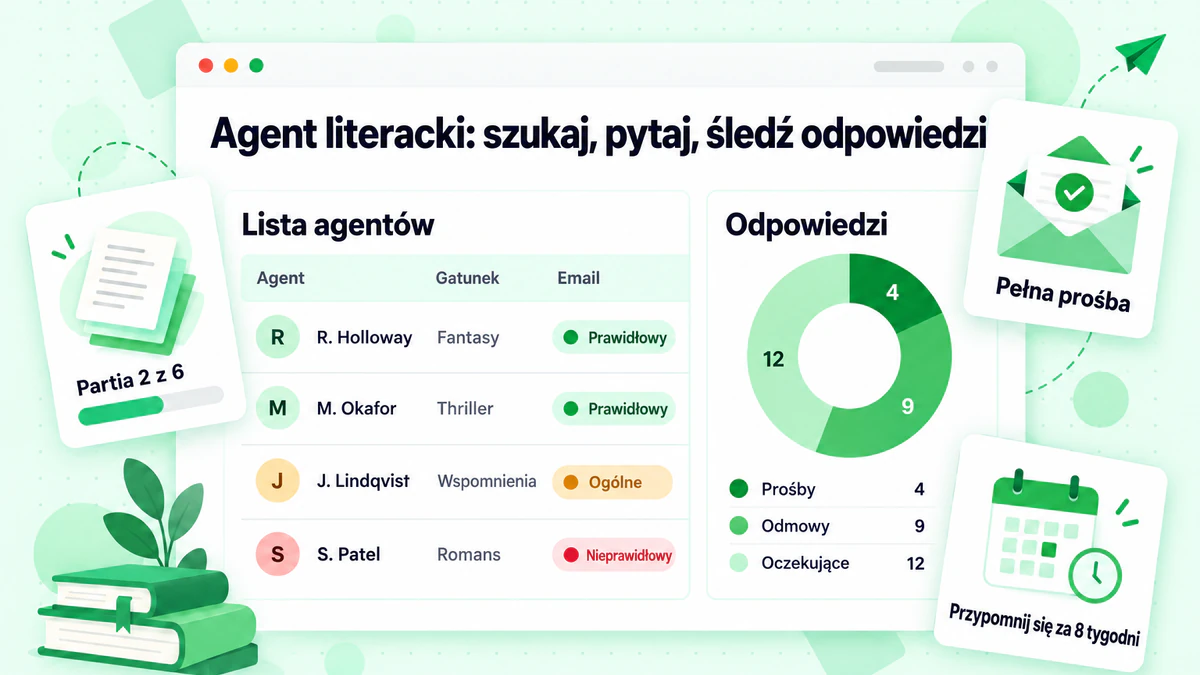 poradnik pozyskiwania agenta literackiego z listą agentów i panelem śledzenia odpowiedzi