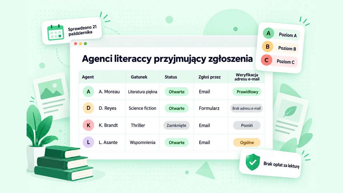 Agenci literaccy przyjmujący zgłoszenia: tabela agentów z gatunkiem, statusem otwarcia, metodą zgłoszenia i weryfikacją adresu e-mail