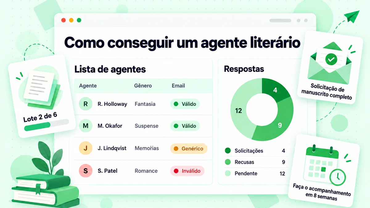 Como conseguir um agente literário: um painel de planejamento de consultas com uma lista de agentes, status de emails verificados e acompanhamento de respostas