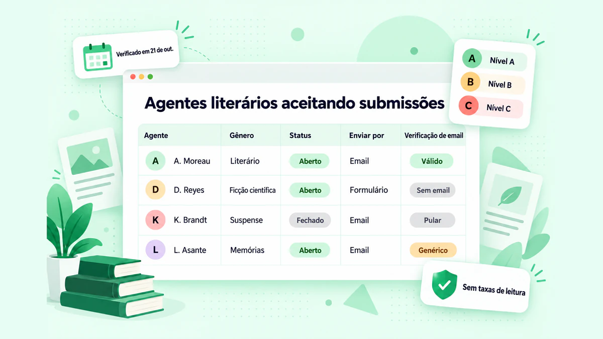 Agentes literários aceitando submissões: uma tabela de agentes com gênero, status de abertura, método de submissão e verificação de e-mail