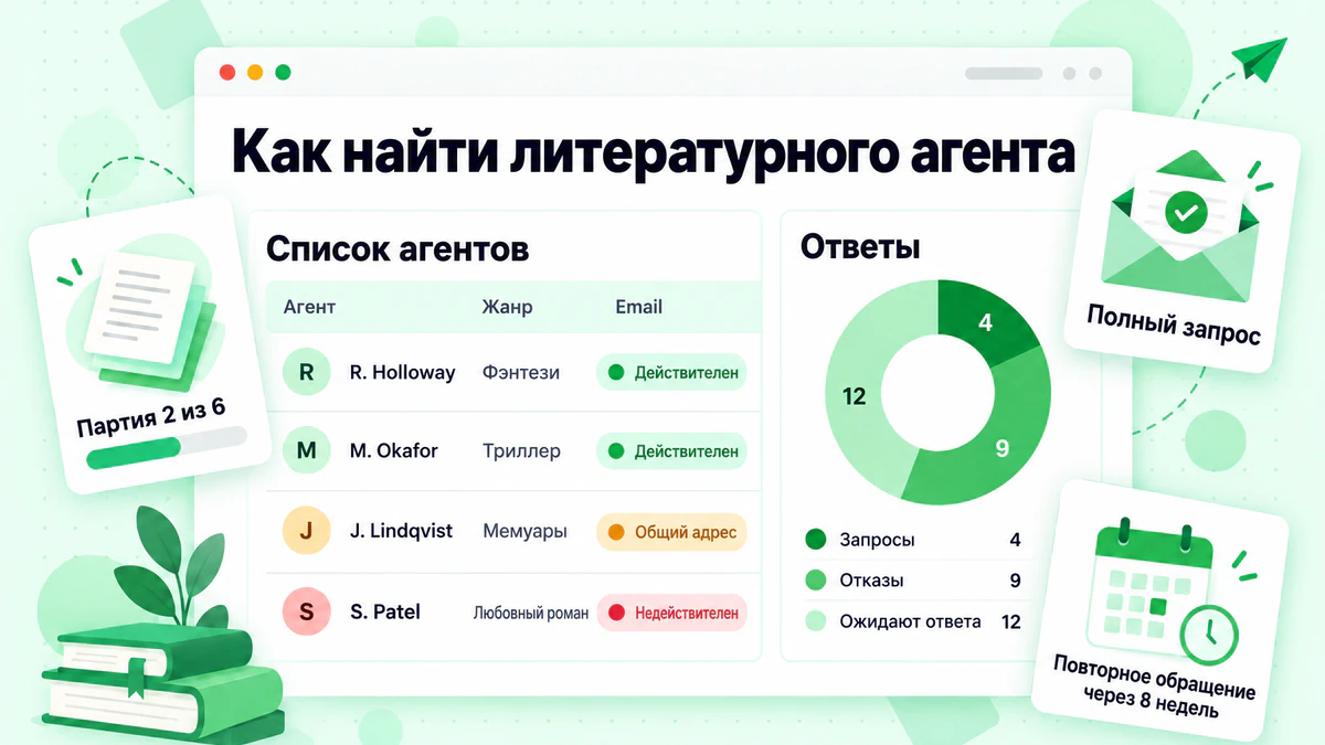 Как найти литературного агента: панель с планом рассылки, списком агентов, статусами проверенных адресов электронной почты и отслеживанием ответов