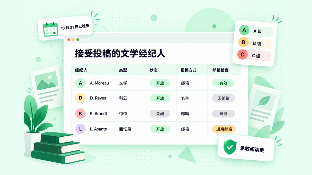 接受投稿的文学经纪人:一张包含类型、开放状态、投稿方式和邮箱检查的经纪人表格