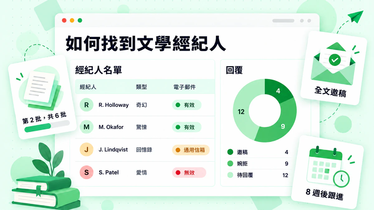如何找到文學代理人:包含代理人名單、已驗證電子郵件狀態與回覆追蹤的投稿計畫儀表板