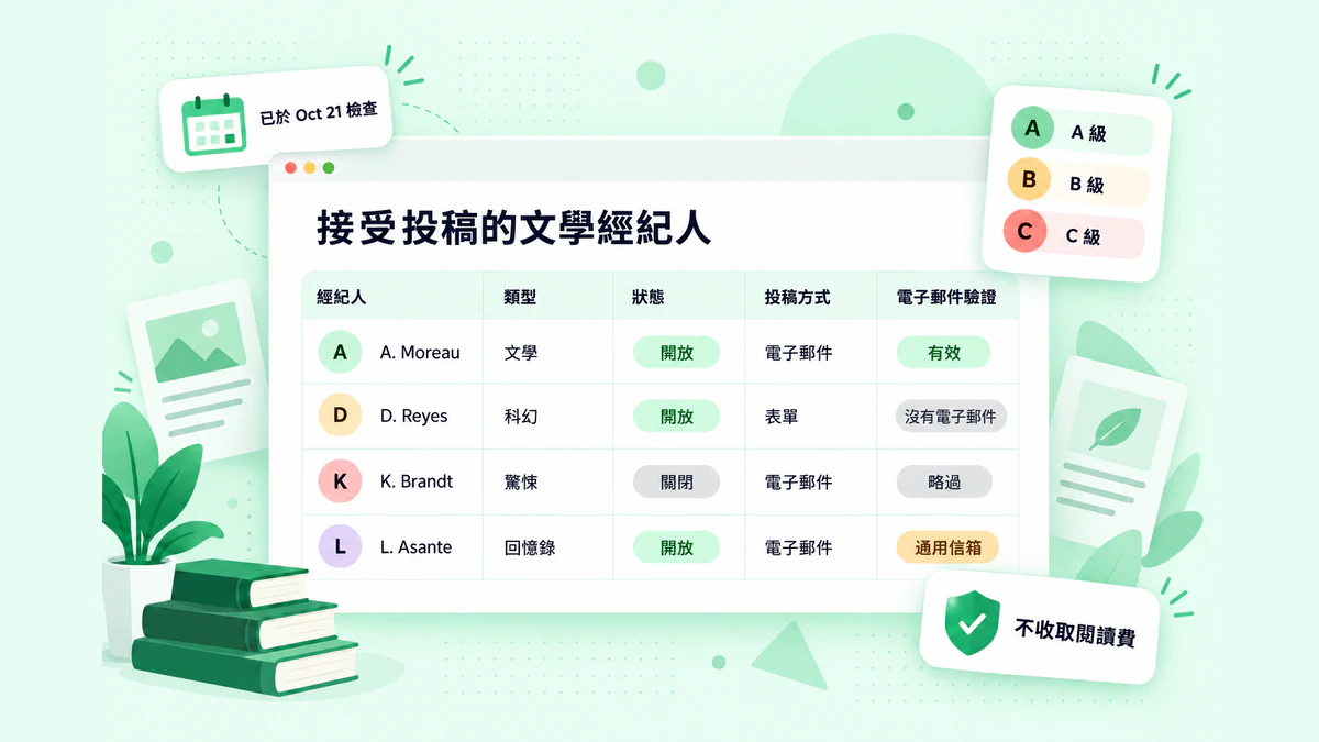 接受投稿的文學經紀人:列出經紀人、類型、開放狀態、投稿方式和電子郵件驗證的表格