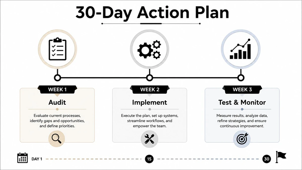 A 30-day action plan timeline graphic with steps for auditing, implementing, and testing to improve business performance.