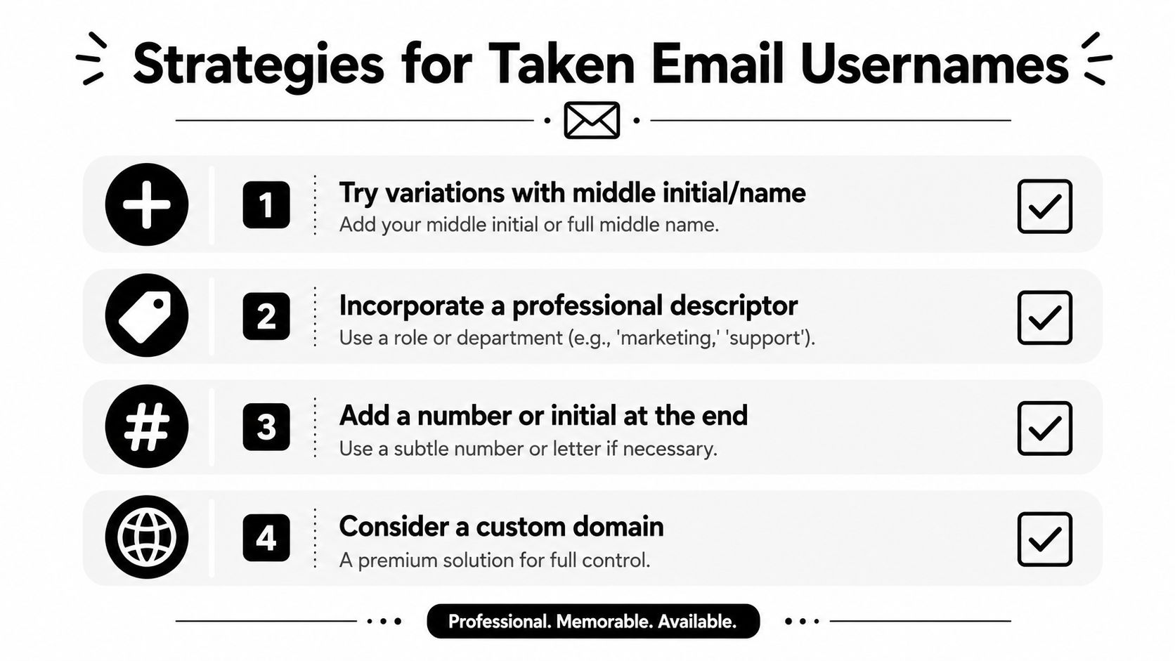 A list of four strategies for choosing an email username when your preferred one is taken.