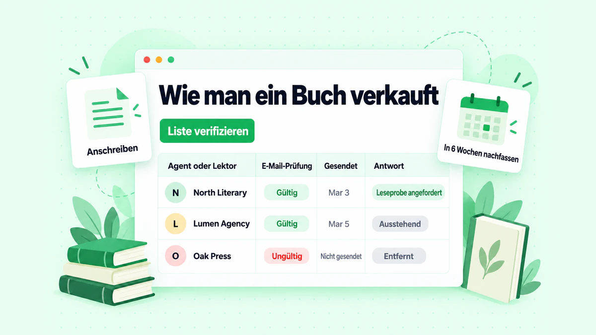 Wie man ein Buch an einen Verlag verkauft: ein Tracker für die Kontaktaufnahme mit Agenten und Lektoren mit verifiziertem E-Mail-Status, Follow-up-Daten und Antworten
