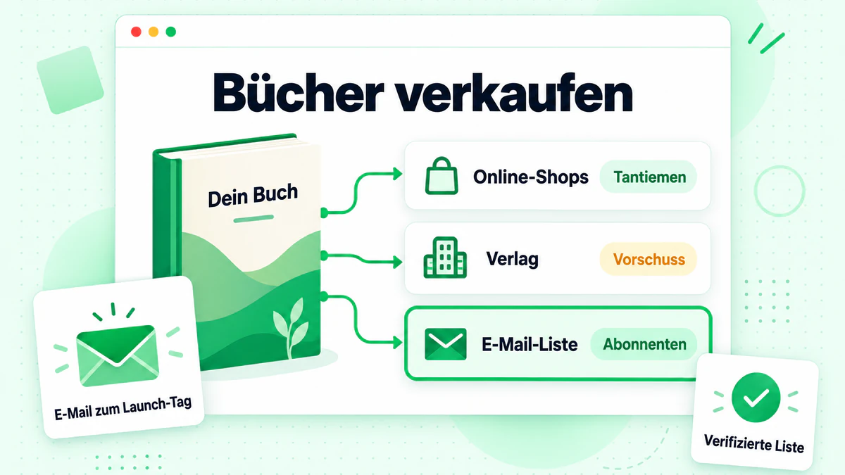 Grafik zum Buchverkauf mit einem Buch, Online-Shops, Verlag und E-Mail-Liste