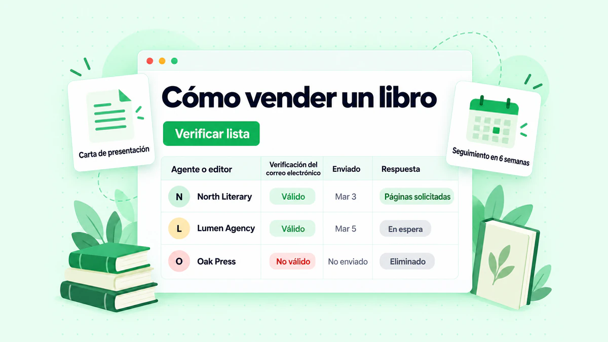 Cómo vender un libro a una editorial: un registro de contacto con agentes y editores que muestra el estado de verificación del correo electrónico, las fechas de seguimiento y las respuestas