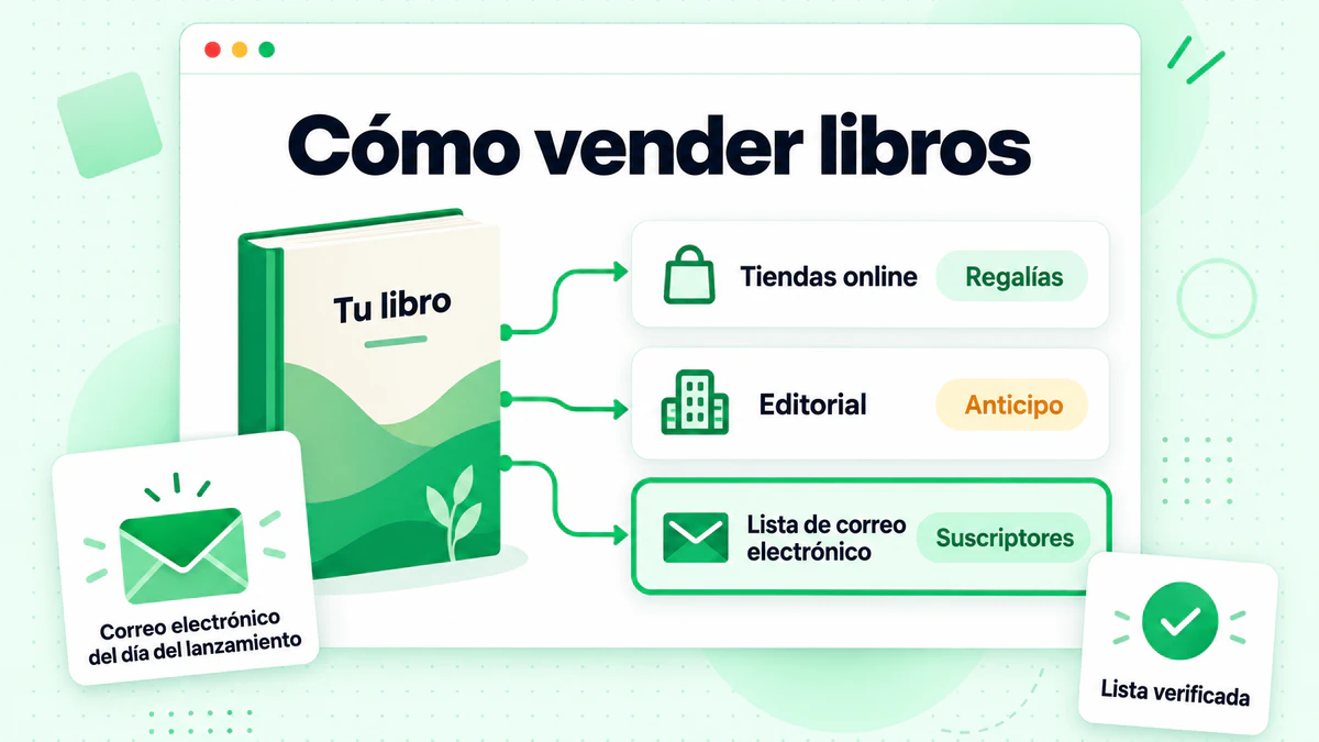 Gráfico que muestra cómo vender libros con un libro, tiendas online, editorial y lista de correo