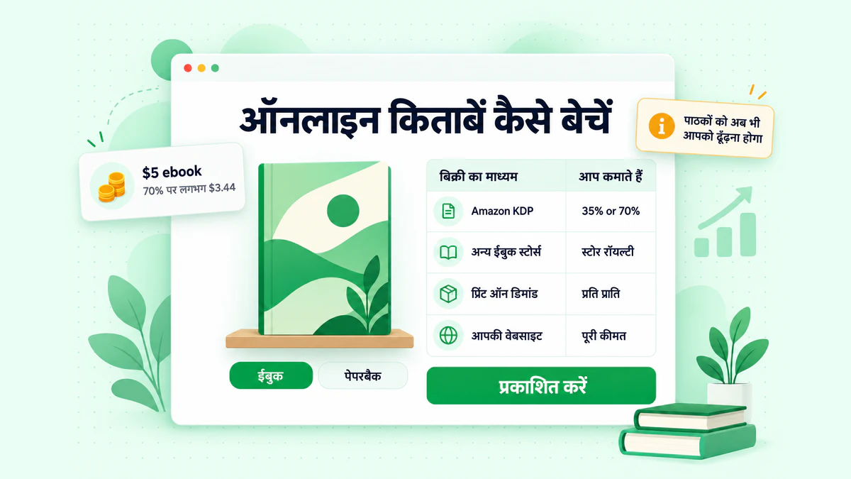 ऑनलाइन किताबें कैसे बेचें: ईबुक स्टोर्स, प्रिंट ऑन डिमांड और सीधे बिक्री वाले पेज पर सूचीबद्ध एक किताब, रॉयल्टी तालिका के साथ
