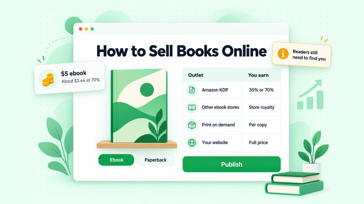 How to sell books online: one book listed in ebook stores, print on demand and a direct sales page, with a royalty table