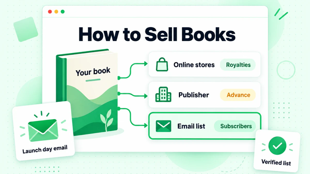 Graphic showing how to sell books with a book, online stores, publisher and email list