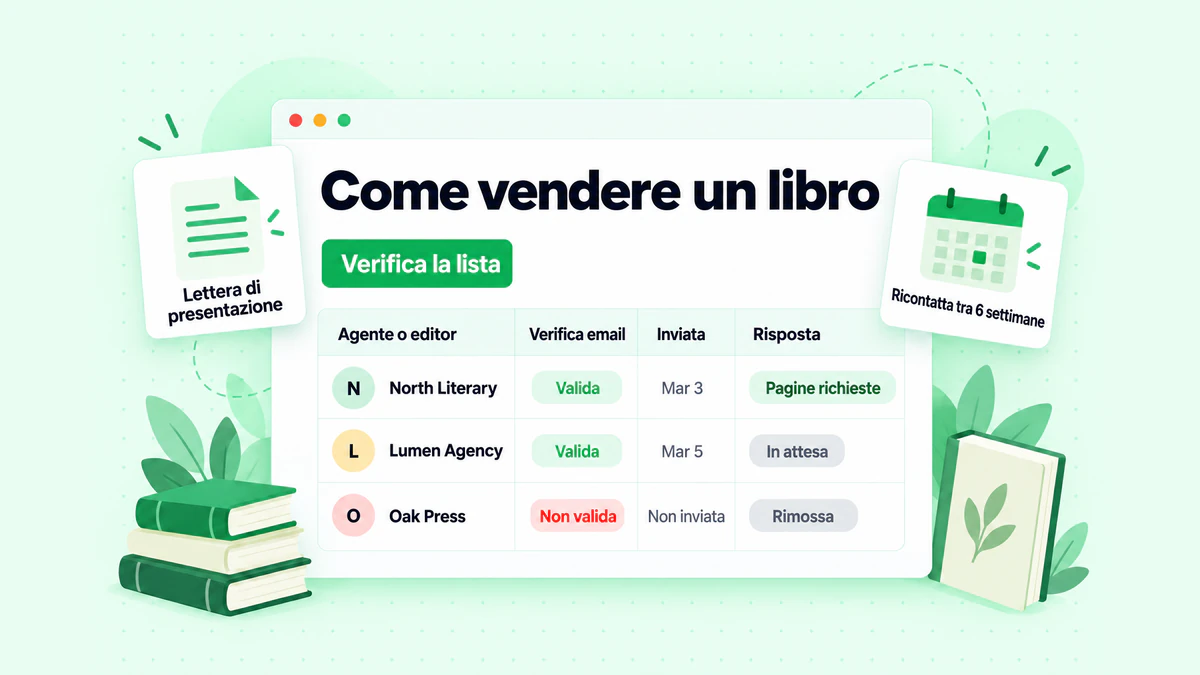 Come vendere un libro a un editore: un tracker per i contatti con agenti ed editor, con stato delle email verificate, date dei follow-up e risposte
