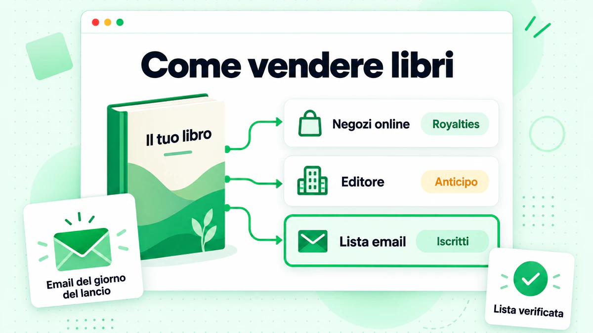Grafica che mostra come vendere libri tramite un libro, negozi online, editore e lista email