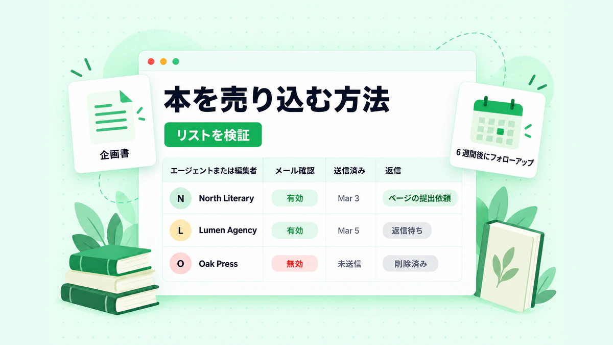 出版社に本を売り込む方法：検証済みメールのステータス、フォローアップ日、返信を記録したエージェントおよび編集者への連絡トラッカー