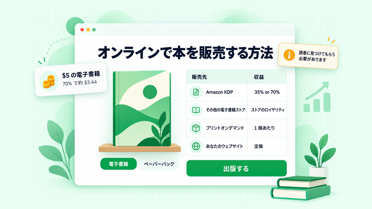 オンラインで本を販売する方法： ebook ストア、プリントオンデマンド、直接販売ページに掲載された 1 冊の本と、ロイヤリティ表