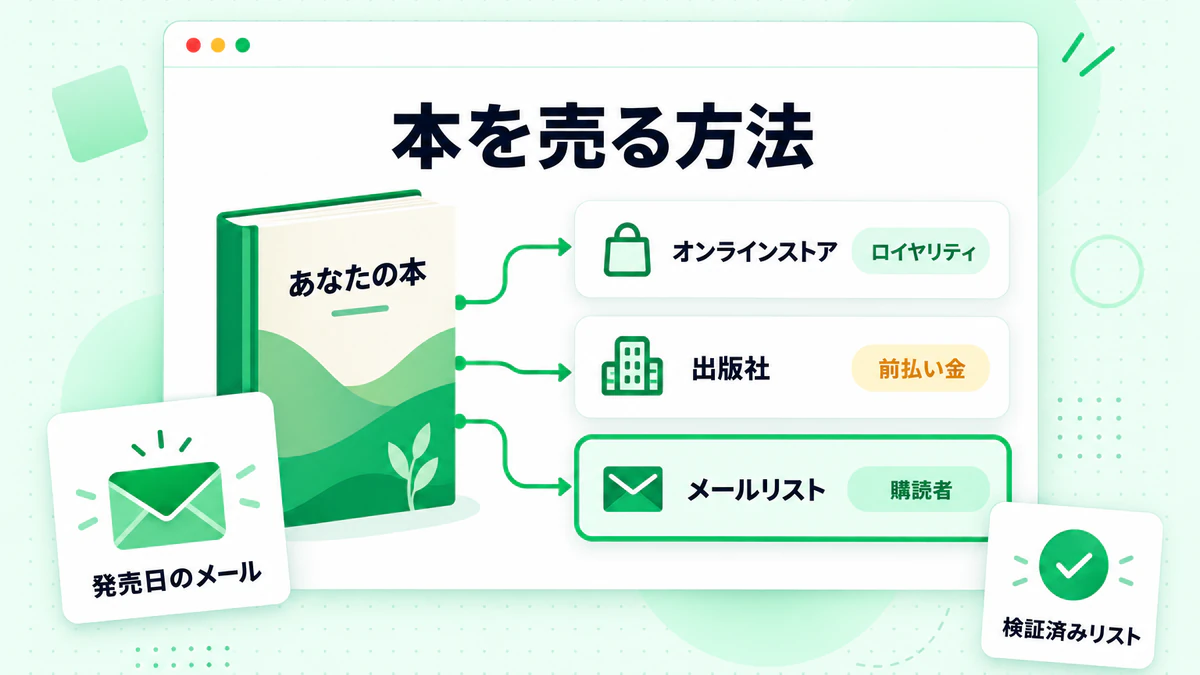 本、オンラインストア、出版社、メールリストで本を販売する方法を示す図
