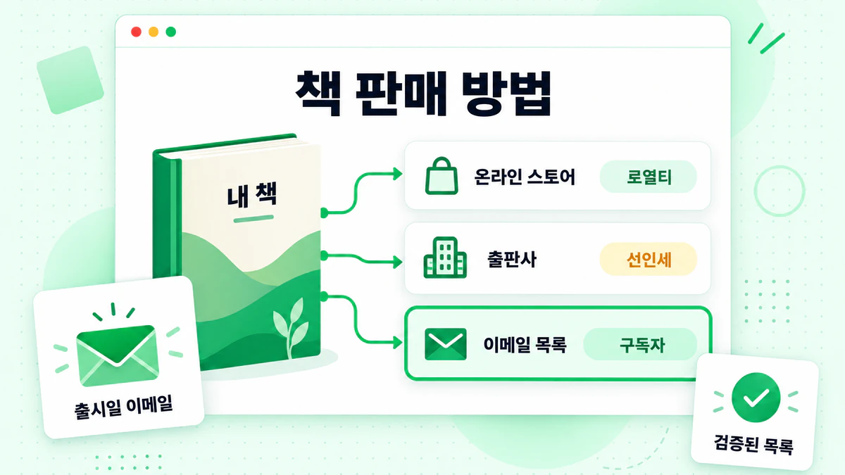 책, 온라인 스토어, 출판사와 이메일 리스트로 책을 판매하는 방법을 보여주는 그래픽