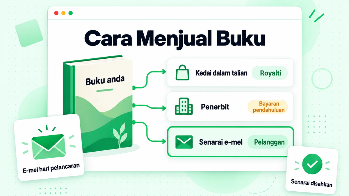 Grafik menunjukkan cara menjual buku melalui buku, kedai dalam talian, penerbit dan senarai e-mel