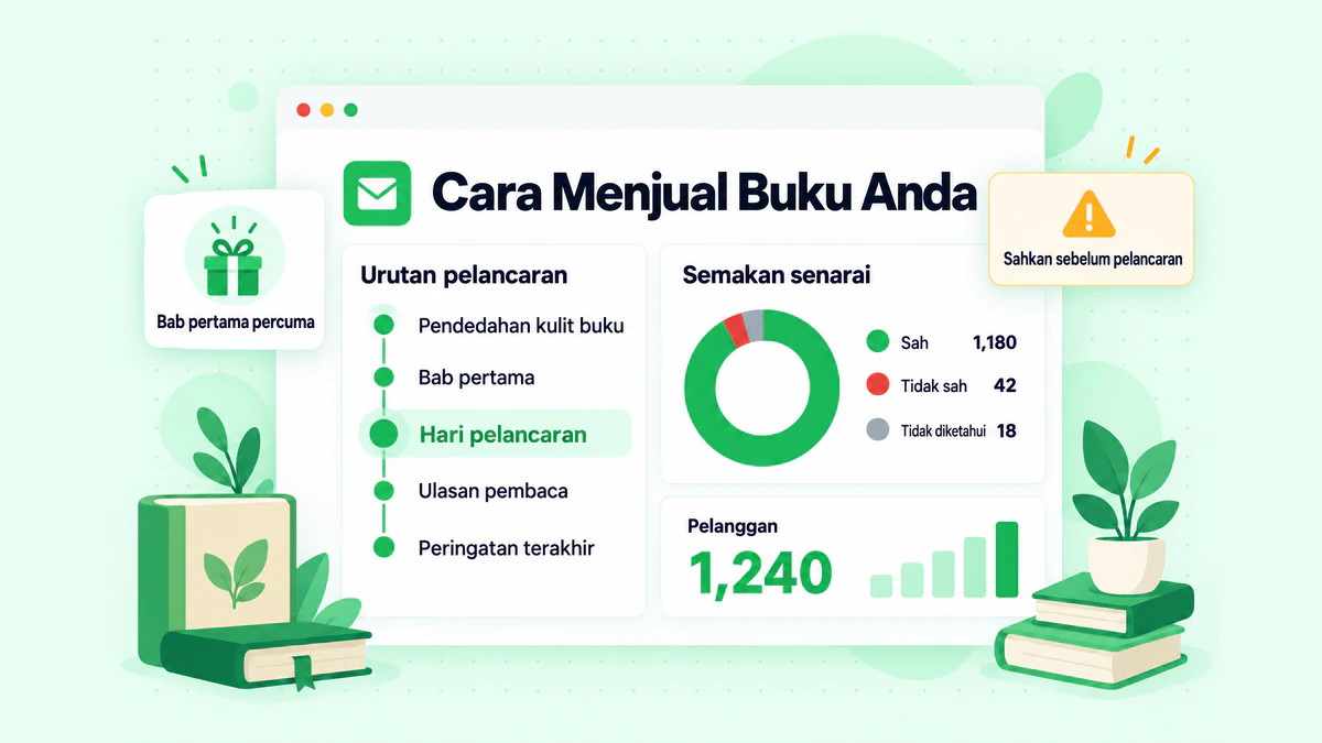 Cara menjual buku anda melalui e-mel: papan pemuka surat berita dengan pelanggan, urutan pelancaran dan hasil pengesahan