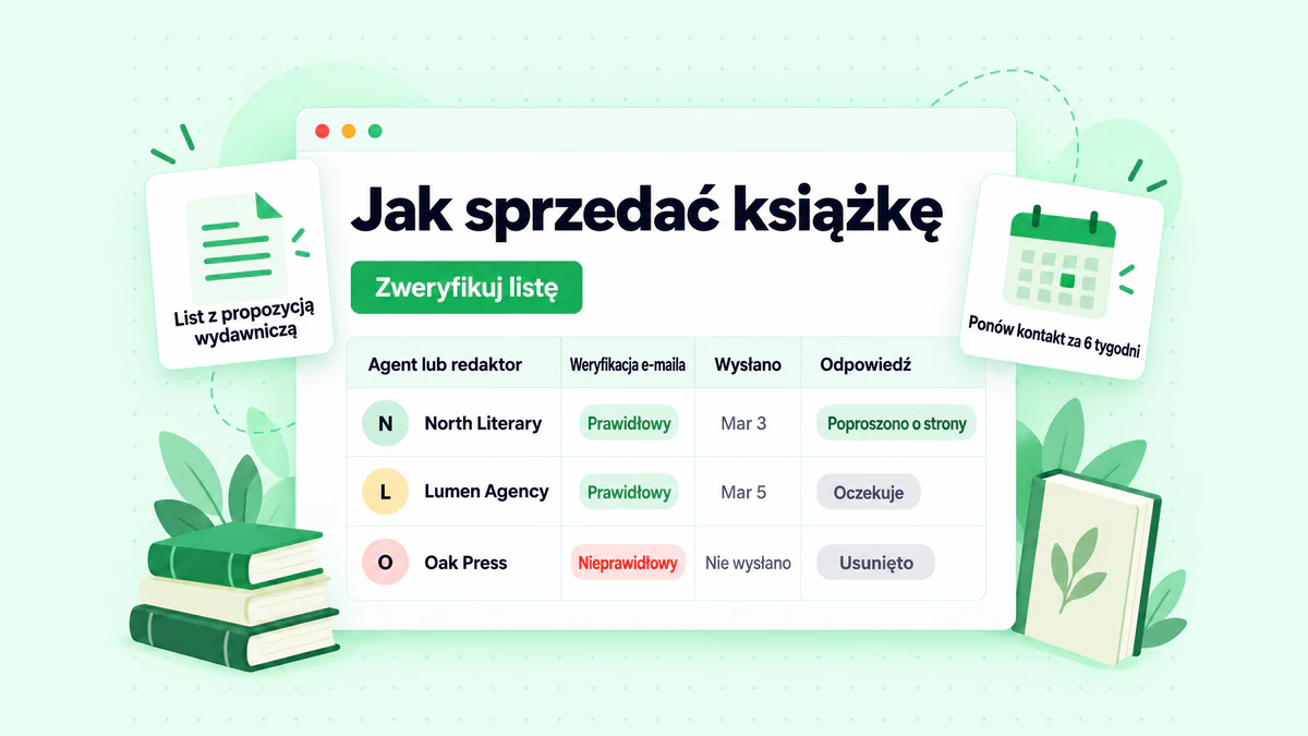 Jak sprzedać książkę wydawcy: narzędzie do śledzenia kontaktów z agentami i redaktorami, ze statusem zweryfikowanego adresu e-mail, datami dalszego kontaktu i odpowiedziami