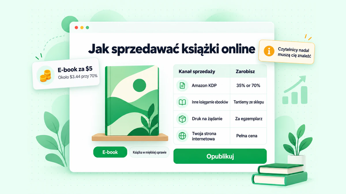 Jak sprzedawać książki online: jedna książka dostępna w księgarniach ebooków, w druku na żądanie oraz na stronie sprzedaży bezpośredniej, wraz z tabelą tantiem