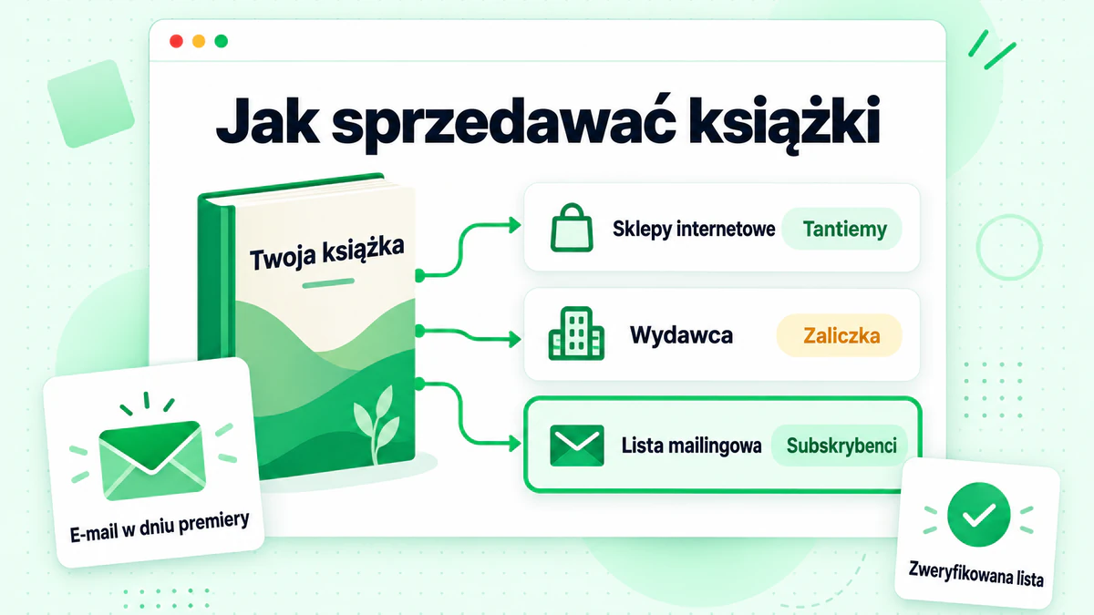 Grafika pokazująca, jak sprzedawać książki za pomocą książki, sklepów internetowych, wydawcy i listy mailingowej