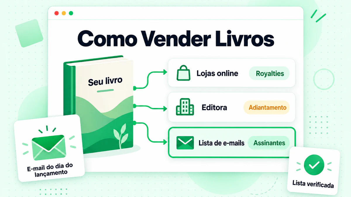 Gráfico mostrando como vender livros usando um livro, lojas online, editora e lista de e-mails