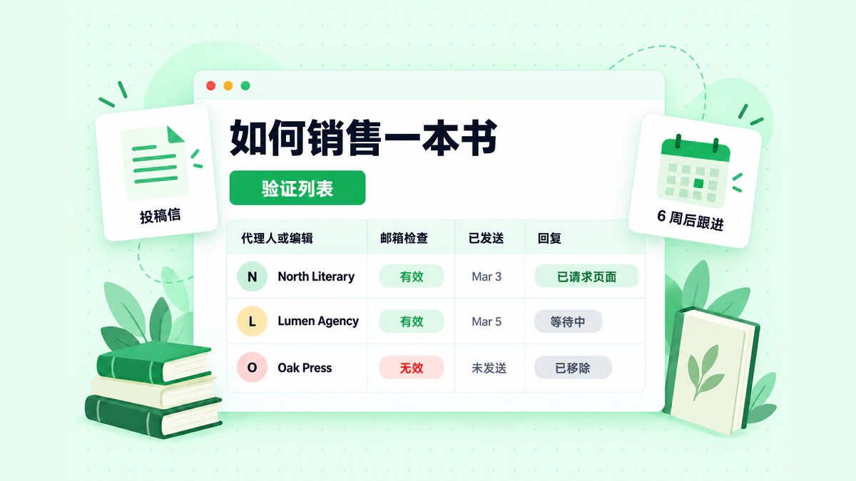如何向出版社销售一本书:代理人与编辑外联跟踪表,包含已验证的邮箱状态、跟进日期和回复