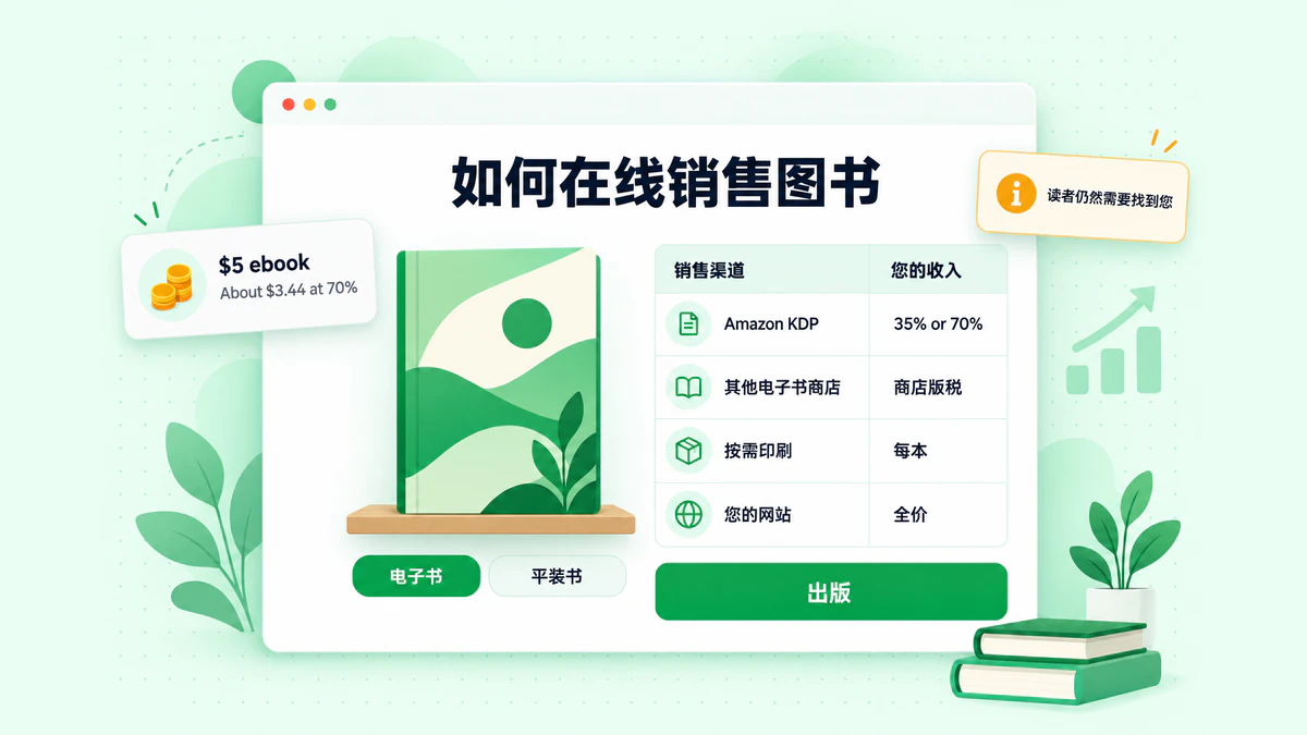 如何在线销售图书:一本书同时上架于电子书商店、按需印刷服务和直接销售页面,并附有版税表格