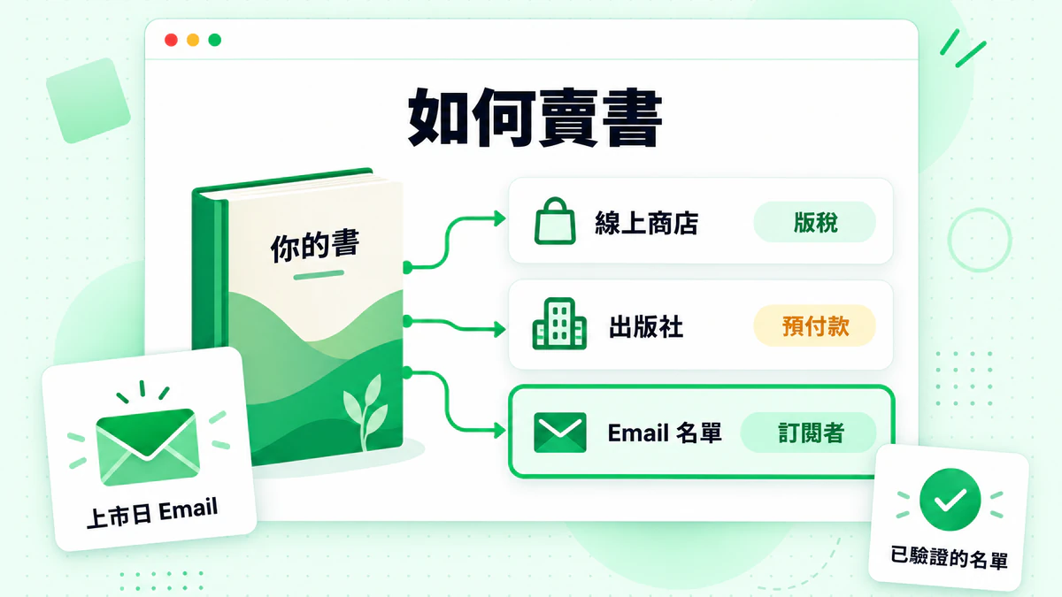 圖示呈現如何透過書籍、線上商店、出版商與電子郵件名單銷售書籍