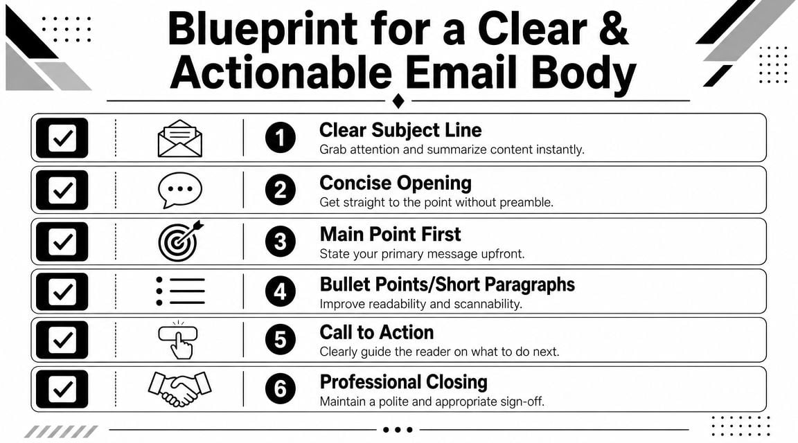 A checklist infographic illustrating the six essential steps for crafting a clear and actionable professional email body.