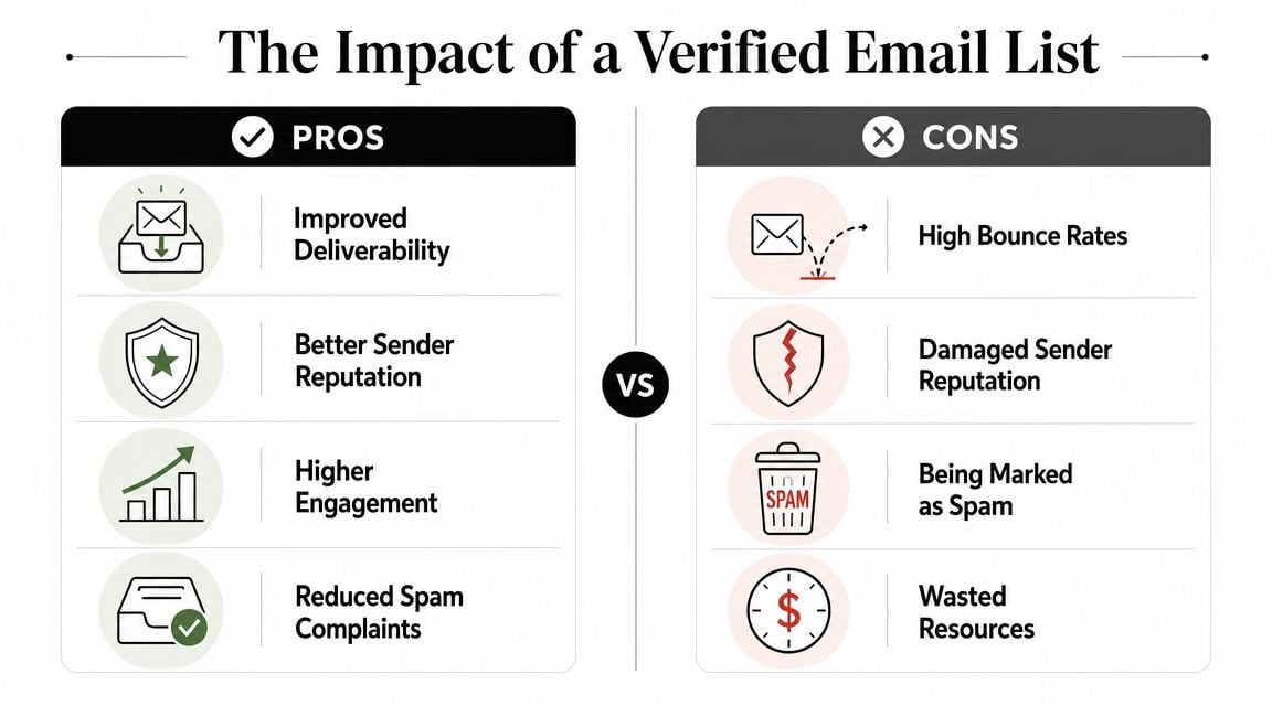 A comparison infographic showing the pros of verified email lists versus the cons of unverified email lists.