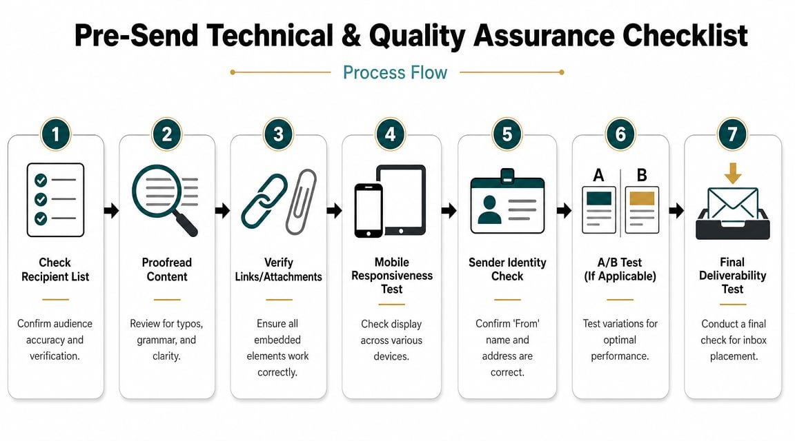 A seven-step process flow infographic titled Pre-Send Technical and Quality Assurance Checklist for email campaigns.