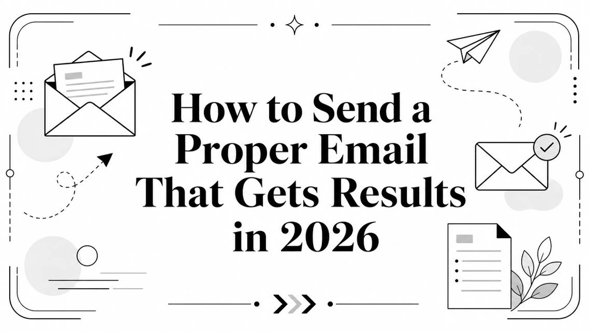 Title card on how to send proper email that gets results in 2026, with envelopes and a checklist