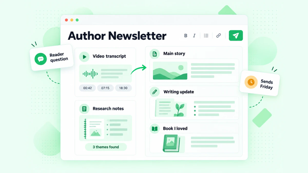 Author newsletter: an issue drafted from a video transcript and research notes, with a main story, update and book pick