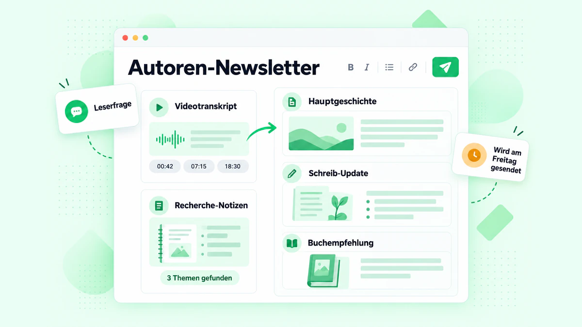 Autoren-Newsletter: eine aus einem Videotranskript und Recherche-Notizen erstellte Ausgabe mit einer Hauptgeschichte, einem Update und einer Buchempfehlung