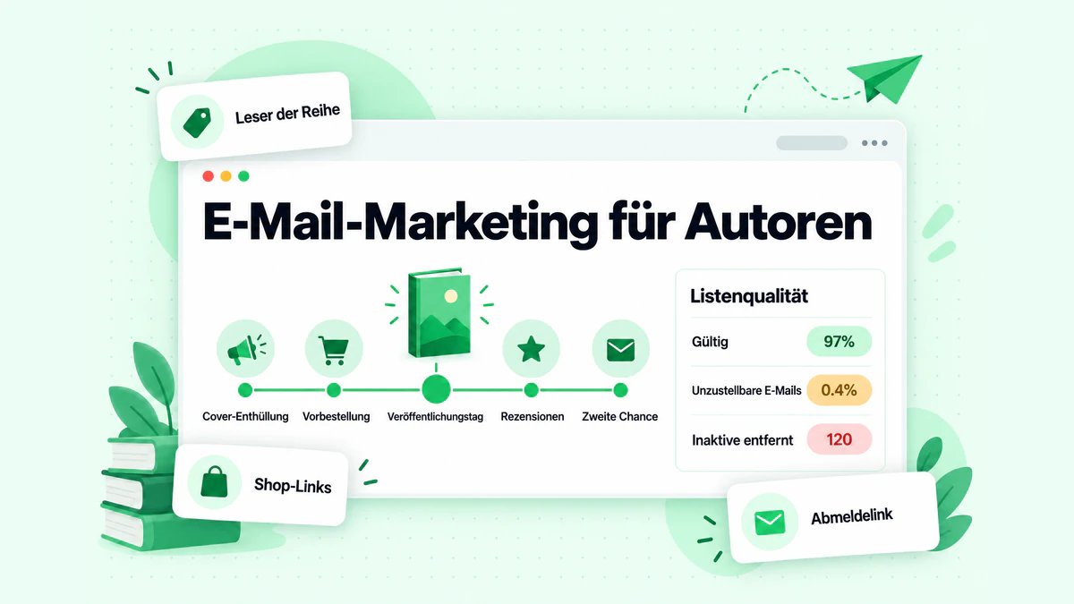 E-Mail-Marketing für Autoren: eine Zeitleiste mit E-Mails zum Buch-Launch von der Cover-Enthüllung bis zum Veröffentlichungstag neben Zahlen zur Listenqualität