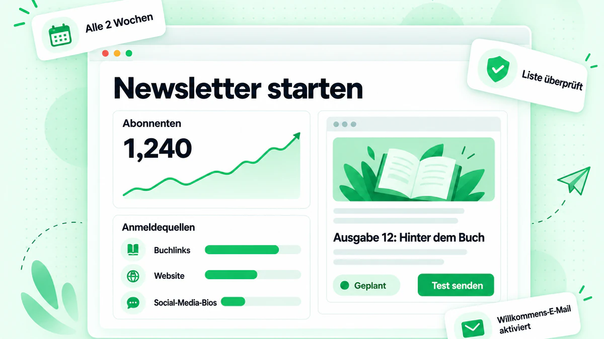 So startest du einen Newsletter: ein Autoren-Newsletter-Dashboard mit Abonnentenwachstum, Anmeldequellen und einer geplanten Ausgabe