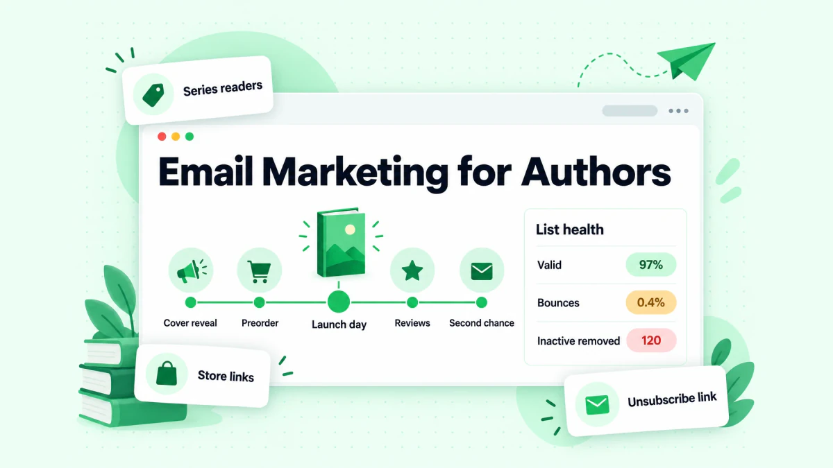 Email marketing for authors: a book launch email timeline from cover reveal to launch day, next to list health numbers