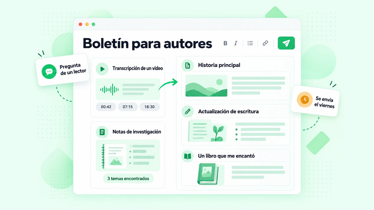 Boletín para autores: una edición redactada a partir de la transcripción de un video y notas de investigación, con una historia principal, una actualización y una selección de libros