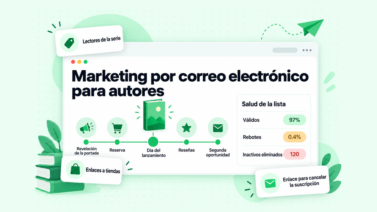 Marketing por correo electrónico para autores: una cronología de correos electrónicos del lanzamiento de un libro, desde la revelación de la portada hasta el día del lanzamiento, junto a cifras sobre la salud de la lista