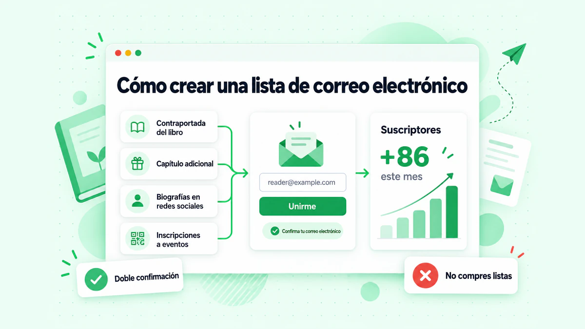 Cómo crear una lista de correo electrónico: enlaces en libros, un capítulo adicional, biografías en redes sociales e inscripciones a eventos que llevan a un formulario de suscripción