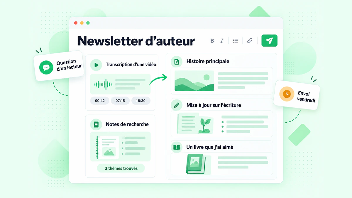 Newsletter d’auteur : un numéro rédigé à partir de la transcription d’une vidéo et de notes de recherche, avec une histoire principale, une mise à jour et un livre recommandé