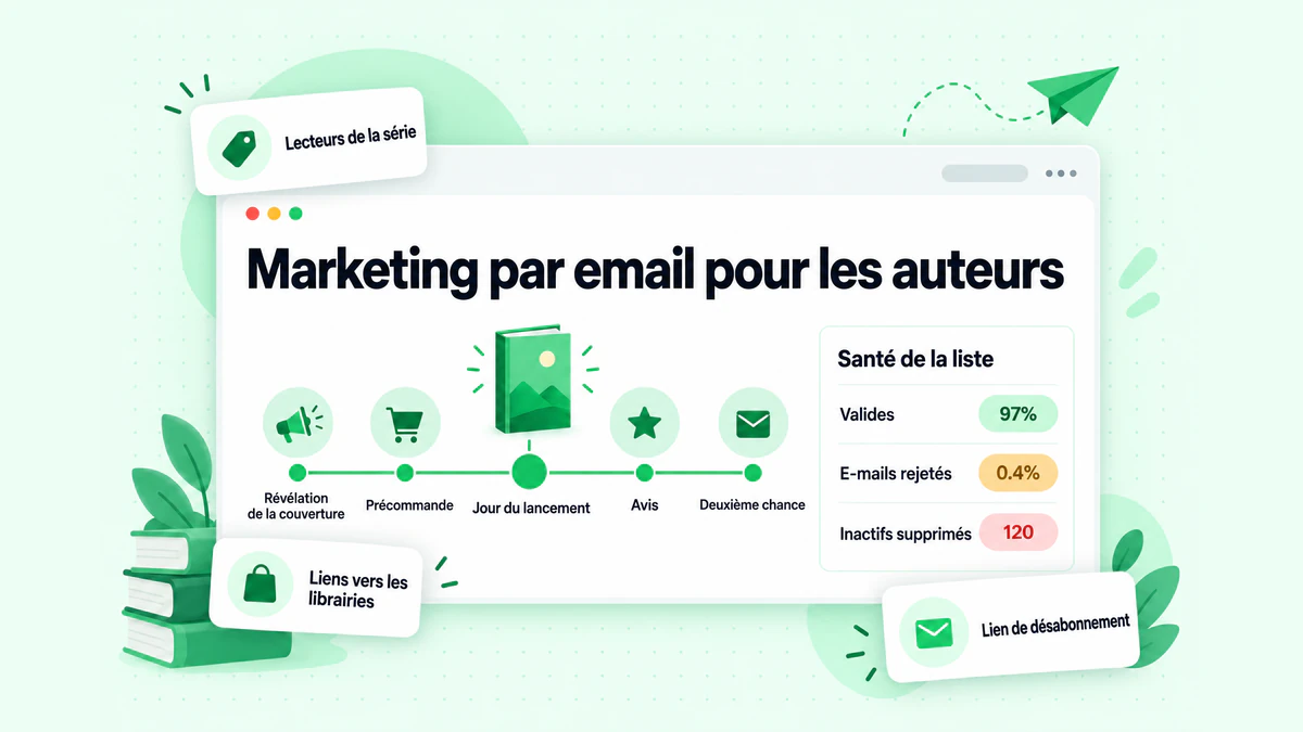 Marketing par email pour les auteurs : calendrier d’emails pour le lancement d’un livre, de la révélation de la couverture au jour du lancement, avec les indicateurs de santé de la liste
