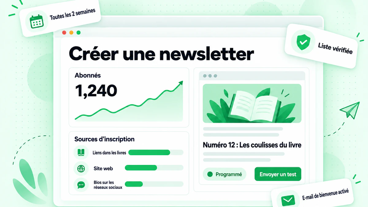 Comment démarrer une newsletter : un tableau de bord de newsletter d’auteur avec la croissance du nombre d’abonnés, les sources d’inscription et une édition programmée