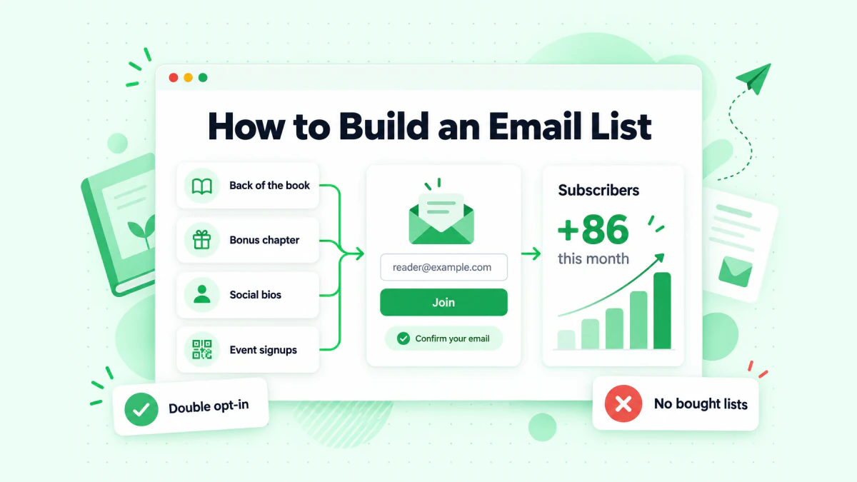 How to build an email list: book links, a bonus chapter, social bios and event signups feeding one signup form