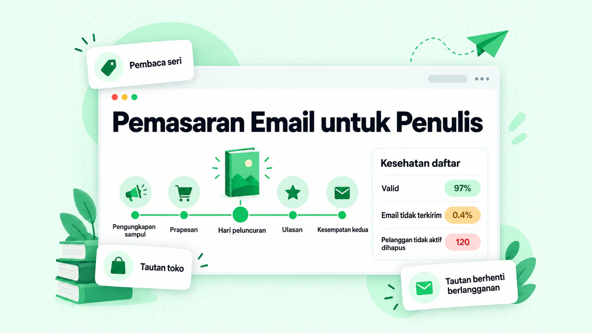 Pemasaran email untuk penulis: linimasa email peluncuran buku dari pengungkapan sampul hingga hari peluncuran, di samping angka kesehatan daftar
