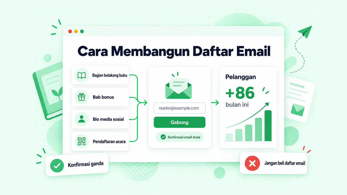 Cara membangun daftar email: tautan buku, bab bonus, bio media sosial, dan pendaftaran acara yang mengarah ke satu formulir pendaftaran